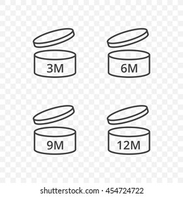 After Opening Use Icons. Expiration Date 3, 6, 9, 12 Months Of Product Signs Symbols. Shelf Life Of Grocery Item. Vector Image. Transparent Background