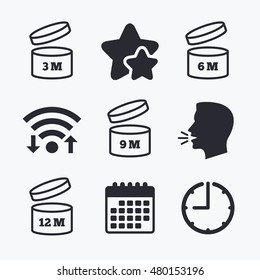 After Opening Use Icons. Expiration Date 6-12 Months Of Product Signs Symbols. Shelf Life Of Grocery Item. Wifi Internet, Favorite Stars, Calendar And Clock. Talking Head. Vector