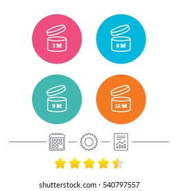 After opening use icons. Expiration date 6-12 months of product signs symbols. Shelf life of grocery item. Calendar, cogwheel and report linear icons. Star vote ranking. Vector