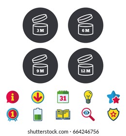 After opening use icons. Expiration date 6-12 months of product signs symbols. Shelf life of grocery item. Calendar, Information and Download signs. Stars, Award and Book icons. Vector