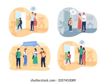 After pandemic returning to school 2D vector isolated illustration set. Parents and their kid flat characters on cartoon background. Tennager students at school hallway colourful scene pack