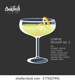 After party cocktail Corpse Reviver No. 2 on black background. Alcoholic drink with orange twist and maraschino cherry vector illustration