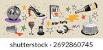 After Party halftone collage sticker set. Retro cut out elements with champagne, confetti, shoe and funny morning mood. Trendy vintage vector illustration for modern collage and pop art design.