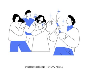 Ilustraciones aisladas del vector de la caricatura de la fiesta. Grupo de jóvenes caminando juntos por la calle después de la fiesta, sosteniendo fuegos artificiales en las manos, divertirse por la noche, tiempo de ocio vector de dibujos animados.