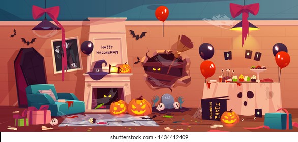 After Party Mess In Halloween Decorated Room, Empty Messy Dirty Afterparty Interior With Scattered Litter And Garbage, Broken Holiday Accessories And Food Scraps On Floor, Cartoon Vector Illustration