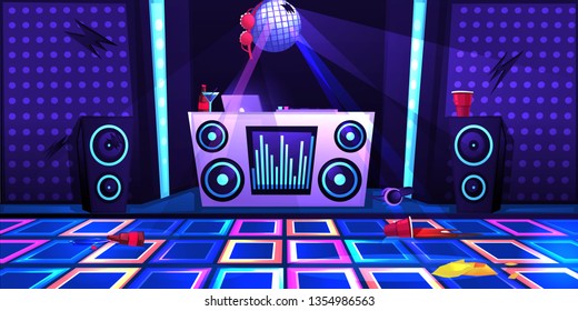 After Party In Night Club With Dj Console And Neon Dance Floor And Disco Ball. Vector Cartoon Illustration