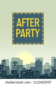 after party poster card , cityscape street view panorama with ferris wheel and lights windows wallpaper background , vertical blue navy vector illustration