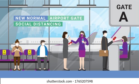 After quarantine re-opening country airport for travel and business. People wearing mask and social distancing queue for airline crew checkpoint at boarding gate. New normal lifestyle of traveling.