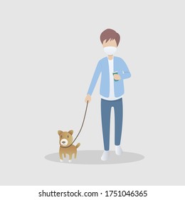 After the relaxation of the lockdown measures (covid-19) ,People are starting to engage in more outdoor activities,Men wear mask drink coffee and take dogs for a walk,Vector illustration.