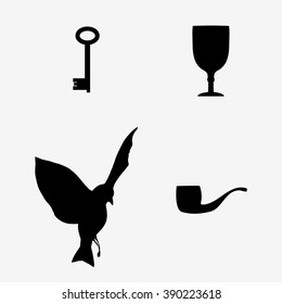 after Rene Magritte monochrome pattern "The Liberator". dove, pipe, key, glass.Vector Illustration