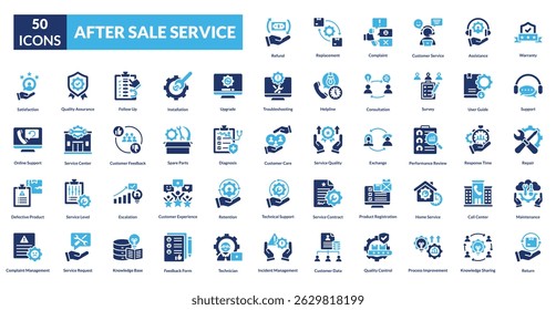 After sale service fill icon collection set. Includes warranty, support, repair, maintenance, feedback, care, upgrade, return, exchange, satisfaction, hotline, assistance, replacement, guarantee