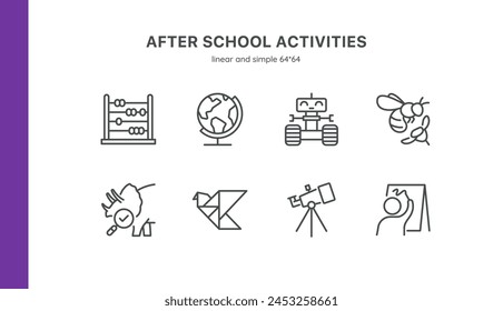 After School Activities Icon Set. Thin Line Signs of Educational Fun and Play Activities Including Mathematics, Geography, Robotics, Nature Study, Origami, Astronomy, and Art. Editable Stoke Vector.