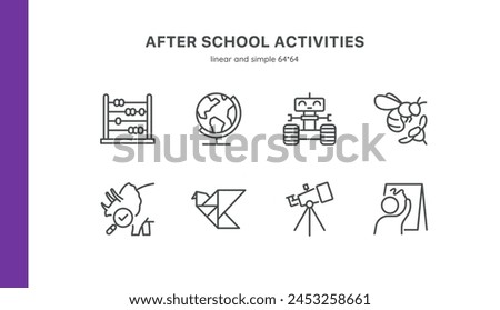 After School Activities Icon Set. Thin Line Signs of Educational Fun and Play Activities Including Mathematics, Geography, Robotics, Nature Study, Origami, Astronomy, and Art. Editable Stoke Vector.