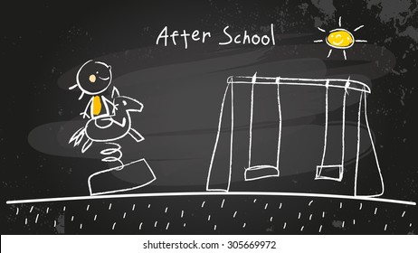 After school activities, kid at playground. Chalk on blackboard vector concept doodle style hand drawn illustration. 