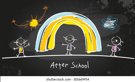 After school activities, kids playing program. Chalk on blackboard vector concept doodle style hand drawn illustration. 