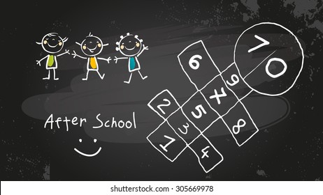 After School Activities, Kids Playing Program. Chalk On Blackboard Vector Concept Doodle Style Hand Drawn Illustration. 