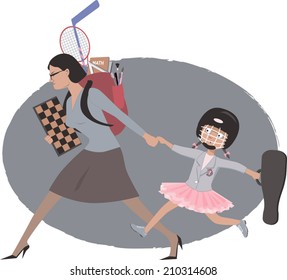 After school activities. Overachieving mother escorting her daughter to many different after school classes 