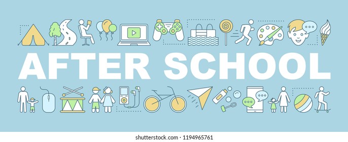 After school activities word concepts banner. Child entertainment. Children leisure time. Kids hobbies. Isolated lettering typography idea with linear icons. Vector outline illustration