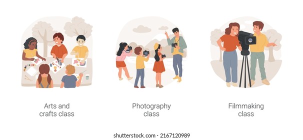 After School Creativity Development Isolated Cartoon Vector Illustration Set. Arts And Crafts Class, Photography And Filmmaking PA Day Camp For Children, Education Center Activity Vector Cartoon.