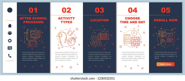 After school education onboarding mobile web pages vector template. After school learning center. Afterschool program. Responsive smartphone website interface. Webpage walkthrough step screens