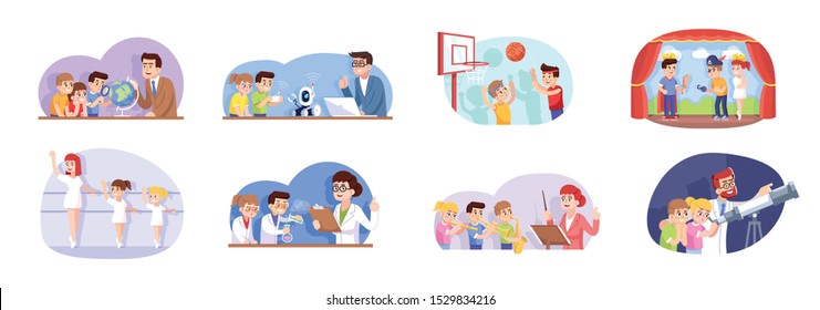 After School Flat Vector Illustrations Set. Interest Classes For Children. Extracurricular Activities. Advanced Training For Schoolchildren. Kids Go In For Sports, Science And Art Cartoon Characters