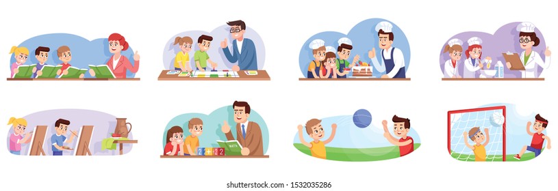 After school flat vector illustrations set. Extracurricular activities. Interest clubs for boys and girls. Additional education for kids.  