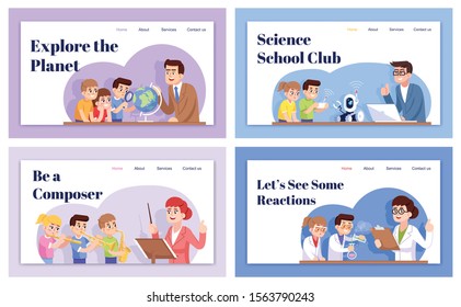 After school landing page vector template set. Children Interest clubs website interface idea with flat illustrations. Extracurricular activities. homepage layout. Web banner, webpage cartoon concept