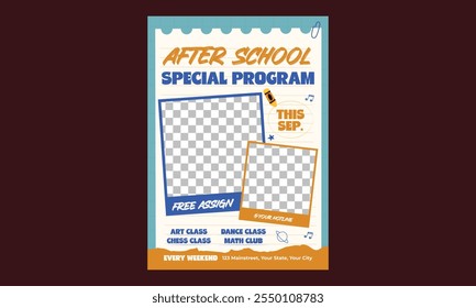 After School Program Flyer. Kids back to school education poster, brochure cover layout, concept in bright colors. Vector Illustration