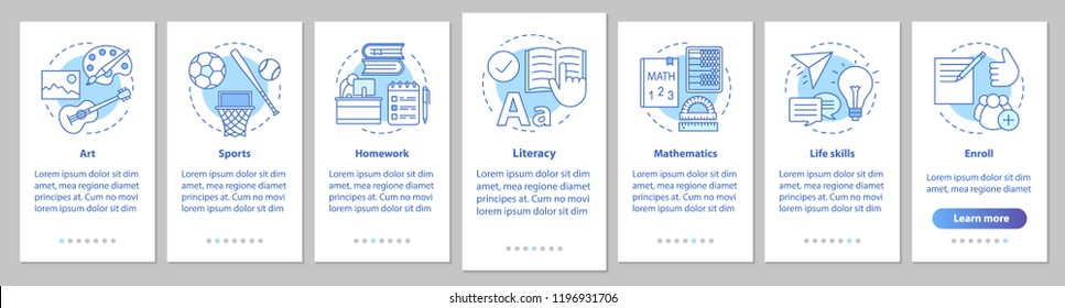 After school program onboarding mobile app page screen with linear concepts. School subjects steps graphic instructions. Afterschool education. UX, UI, GUI vector template with illustrations