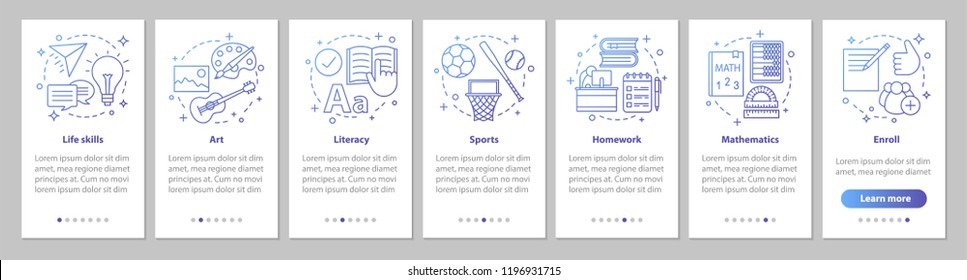 After school program onboarding mobile app page screen with linear concepts. School subjects steps graphic instructions. Afterschool education. UX, UI, GUI vector template with illustrations