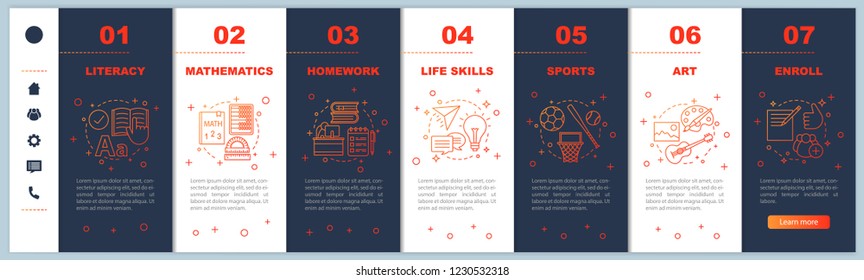 After school program onboarding mobile web pages vector template. School subjects. Afterschool education. Responsive smartphone website interface. Webpage walkthrough step screens. Color concept