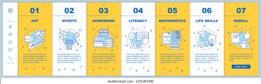 After school program onboarding mobile web pages vector template. School subjects. Responsive smartphone website interface idea with linear illustrations. Webpage walkthrough screens. Color concept