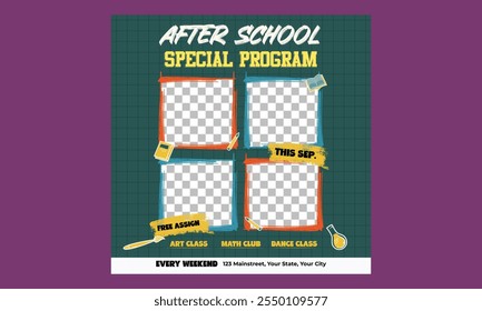 After School Program Socials Media. Kids back to school education poster, brochure cover layout, concept in bright colors. Vector Illustration