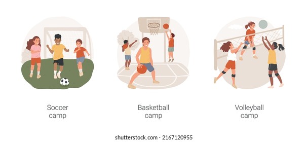 After school sport program isolated cartoon vector illustration set. Soccer and basketball summer camp, volleyball PA day program children fitness, football sport club tournament vector cartoon.