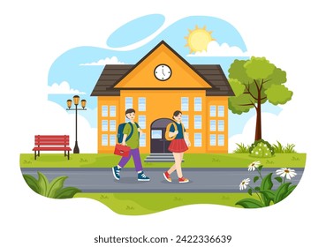 After School Vector Illustration with Students Leave School Building After Class or Program and Back to Home in Flat Cartoon Background