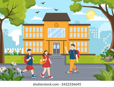 Nach der Schule Vektorgrafik mit Schülern, die das Schulgebäude nach dem Unterricht oder Programm verlassen und wieder zu Hause auf flatteCartoon-Hintergrund