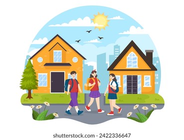 After School Vector Illustration with Students Leave School Building After Class or Program and Back to Home in Flat Cartoon Background