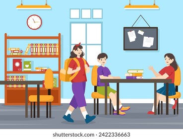 Ilustración de vectores escolares con estudiantes que abandonan la escuela después de clase o programa y vuelven a casa con fondo de caricatura plana