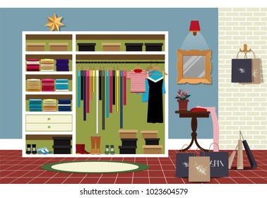 After shopping. New purchases at home. Home room with wardrobe. Flat style vector illustration.