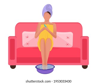 After a shower in a towel, a glamorous lady takes care of her hands and feet. Cartoon style. Used in web design for collages. Simple flat vector drawing.