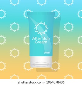 After sun lotion cream tube icon. SPF moisturizing sunscreen face cream cosmetic. Aloe vera after sun aquamarine lotion package on gradient background. Cosmetics tube design. Flat vector illustration.