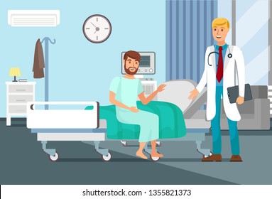 Ilustración de vectores planos de observación de cirugía después de la cirugía. Paciente sentado en la cama, Doctor con personajes de caricatura de Stethoscope. Joven en concepto clínico. Banner del interior del hospital