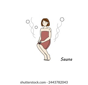 After taking a cold bath from the sauna, a cute woman moves to the rest area and cools her body down in the fresh air. sauna girl. Simple illustration Vector.