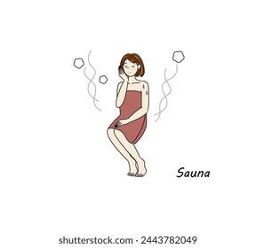 After taking a cold bath from the sauna, a cute woman moves to the rest area and cools her body down in the fresh air. sauna girl. Simple illustration Vector.