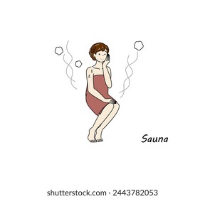 After taking a cold bath from the sauna, a cute woman moves to the rest area and cools her body down in the fresh air. sauna girl. Simple illustration Vector.