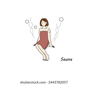 After taking a cold bath from the sauna, a cute woman moves to the rest area and cools her body down in the fresh air. sauna girl. Simple illustration Vector.
