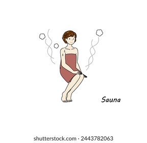 Nach einem kalten Bad aus der Sauna zieht eine süße Frau in den Ruhebereich und kühlt ihren Körper an der frischen Luft ab. Einfacher Illustrationsvektor.