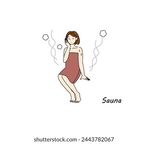 After taking a cold bath from the sauna, a cute woman moves to the rest area and cools her body down in the fresh air. sauna girl. Simple illustration Vector.