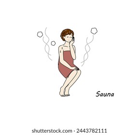 After taking a cold bath from the sauna, a cute woman moves to the rest area and cools her body down in the fresh air. sauna girl. Simple illustration Vector.