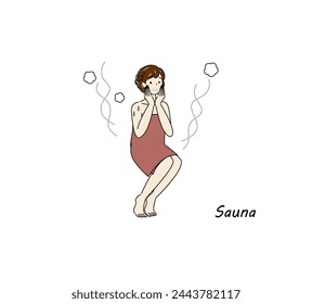After taking a cold bath from the sauna, a cute woman moves to the rest area and cools her body down in the fresh air. sauna girl. Simple illustration Vector.